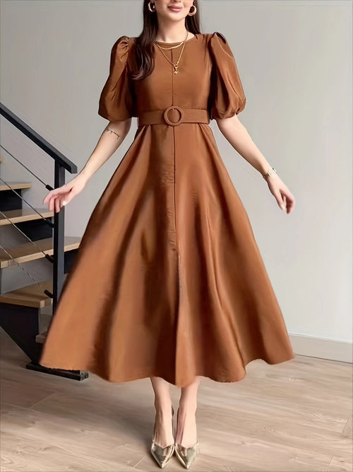 Tan belted midi dress with puff sleeves and flared skirt, round neckline