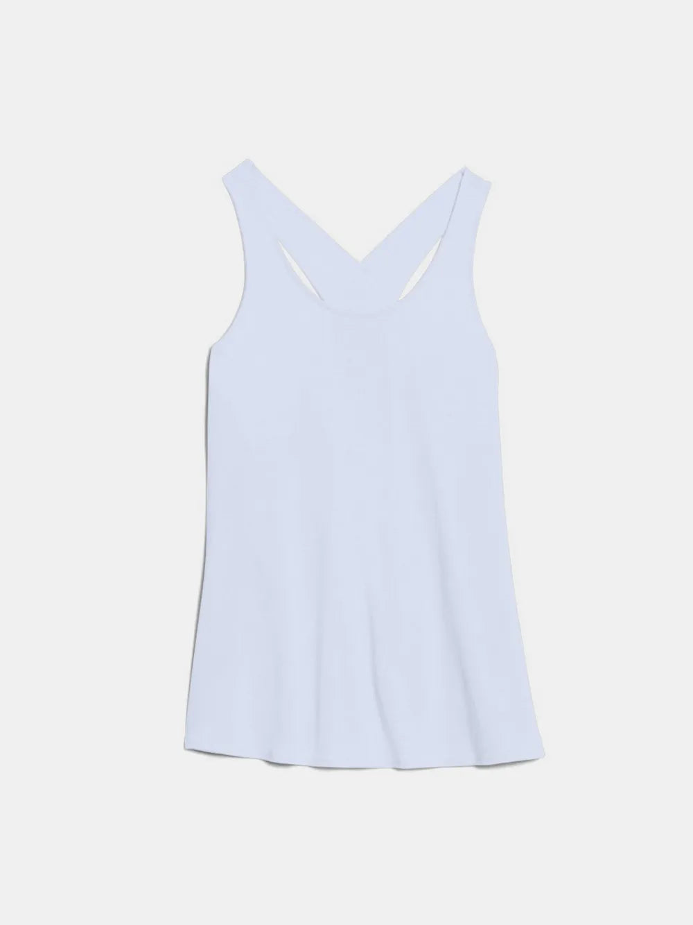 Light blue scoop neck active tank top with crisscross back detail