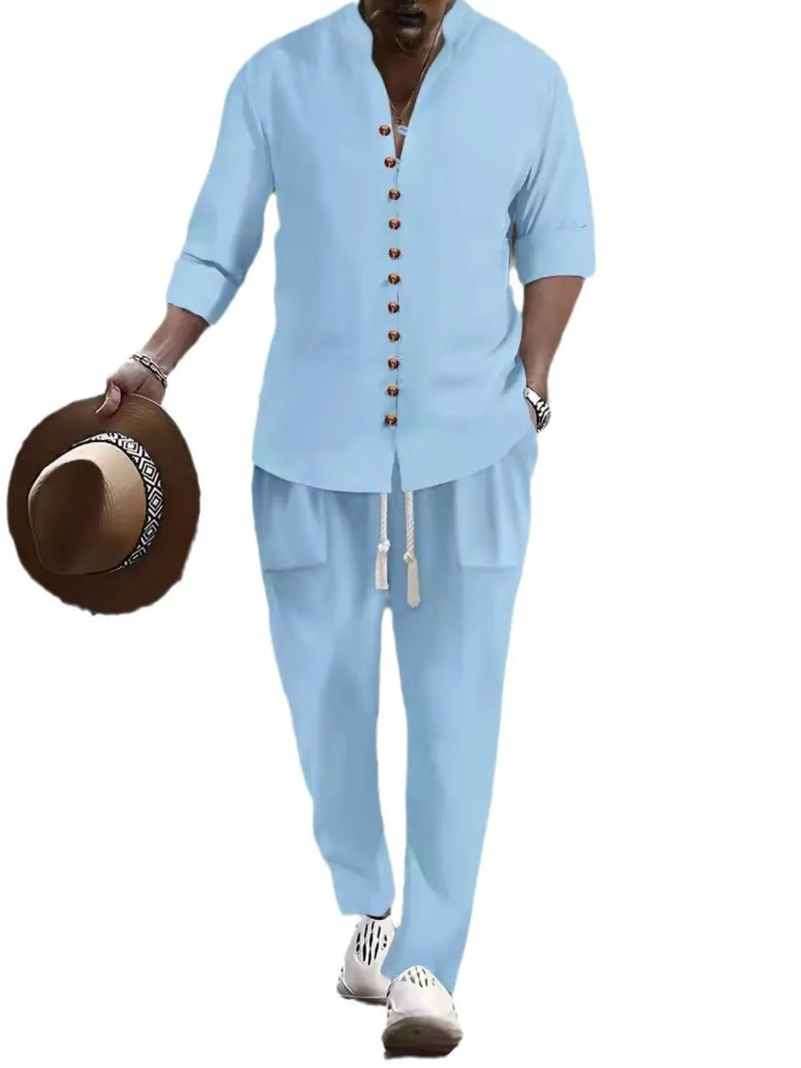 Men's light blue button-front long-sleeve shirt and pants set, full-body view