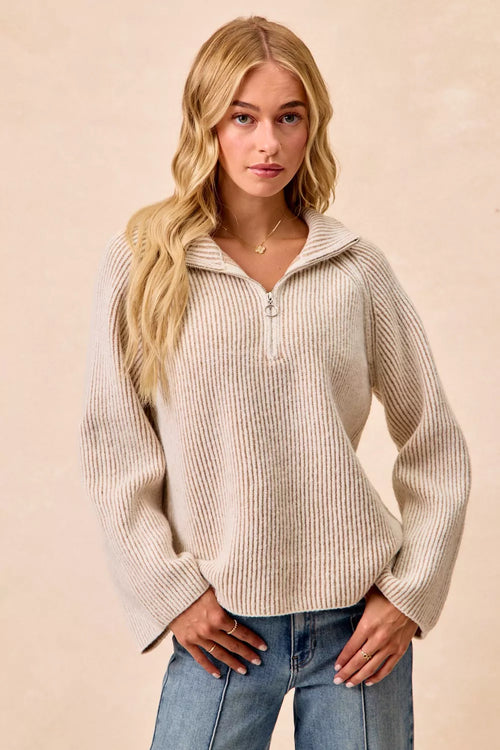Two-tone ribbed knit collared top with quarter zip in light taupe