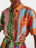 Multicolor printed short-sleeve romper with button placket and tie waist