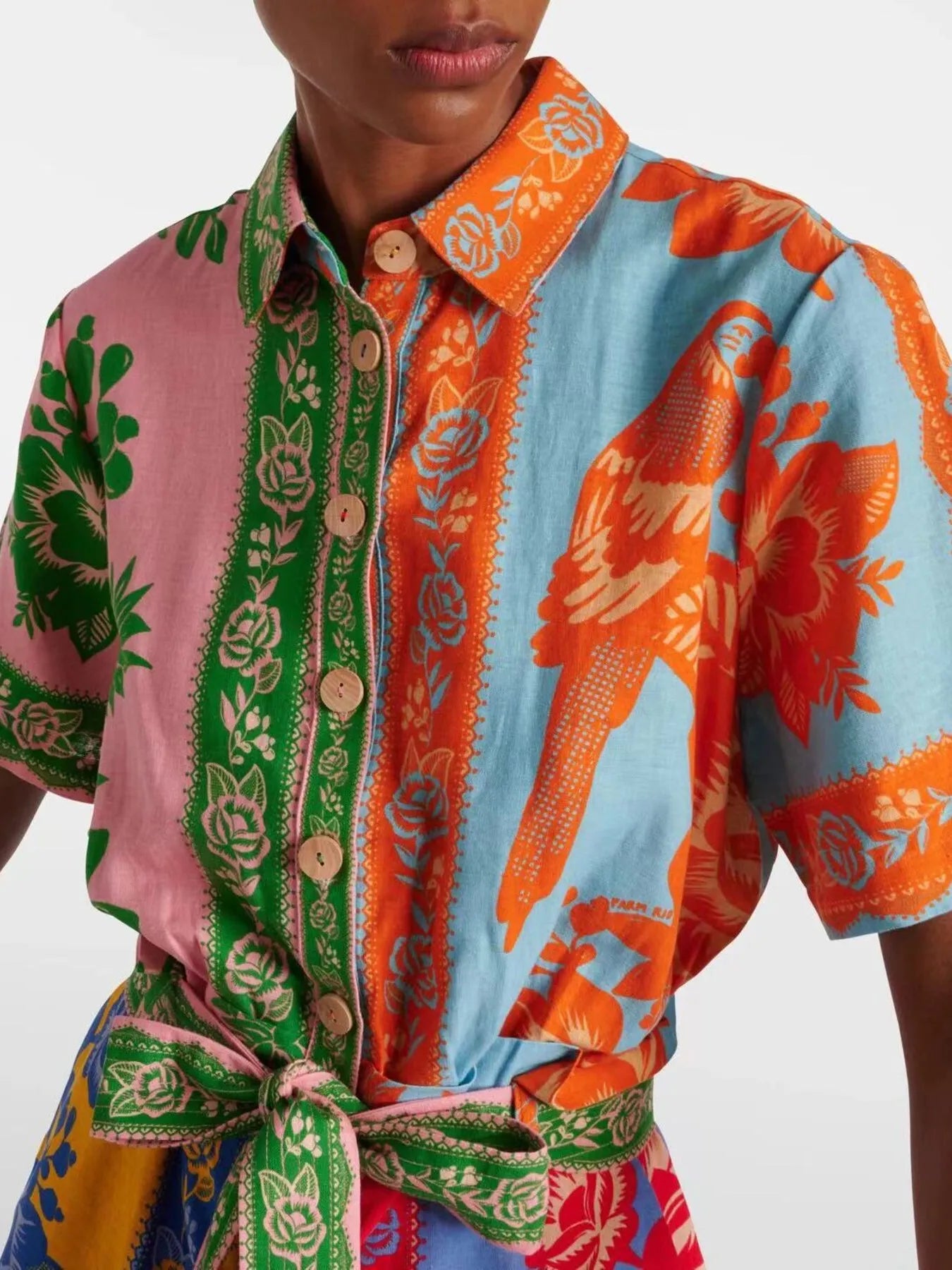 Multicolor printed short-sleeve romper with button placket and tie waist