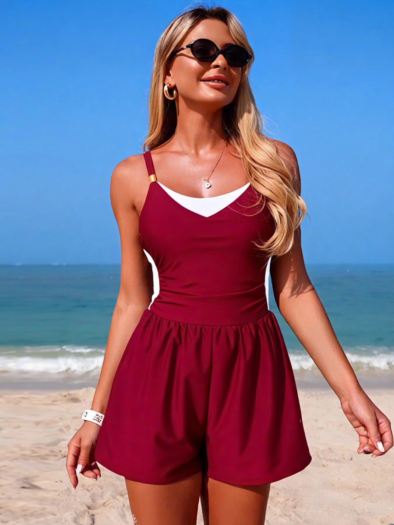 Color Block Adjustable Strap One-Piece Swimsuit in burgundy with white chest trim