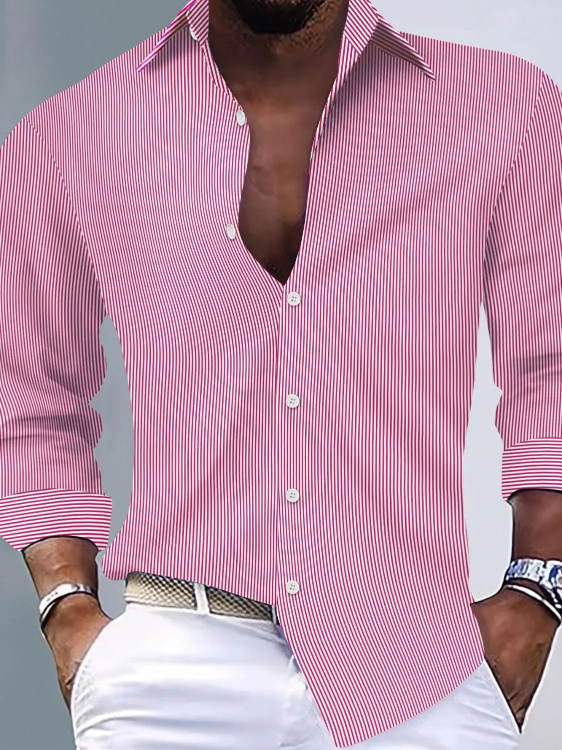 Men's striped button-up long sleeve shirt, pink with white pinstripes
