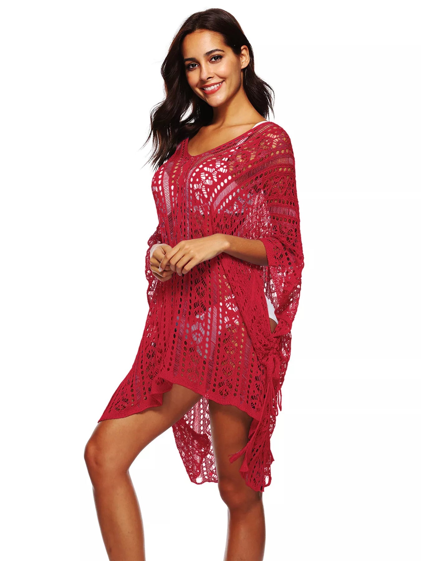 Red crochet v-neck cover-up with loose sleeves and patterned openwork hem