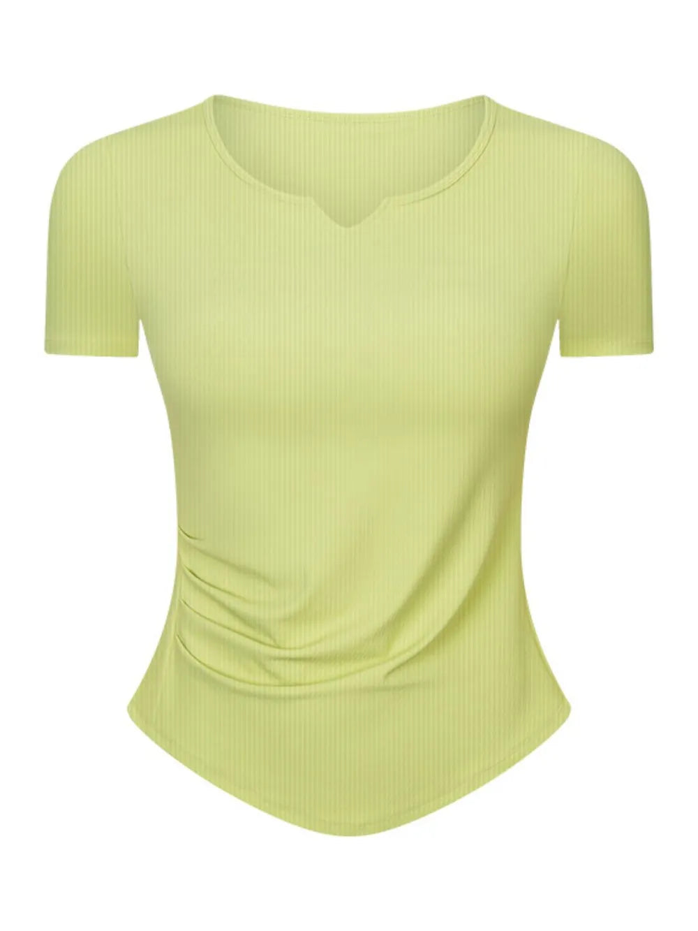Notched short-sleeve active t-shirt, yellow green front view with V neckline