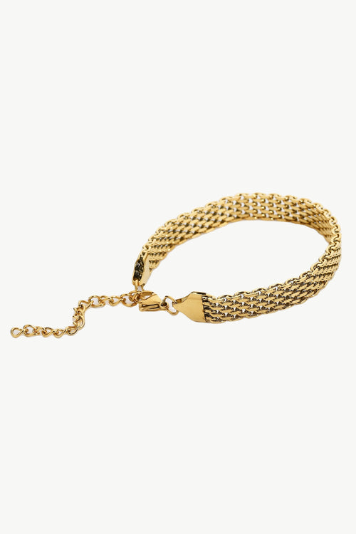 Gold-plated wide chain bracelet with woven mesh links and small extender chain