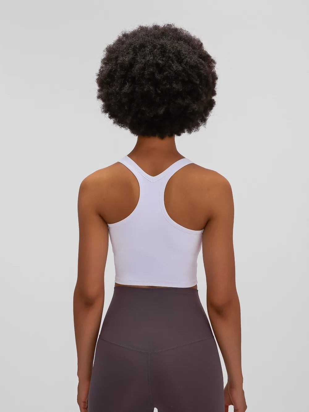 White active scoop-neck tank top, back view with racerback straps
