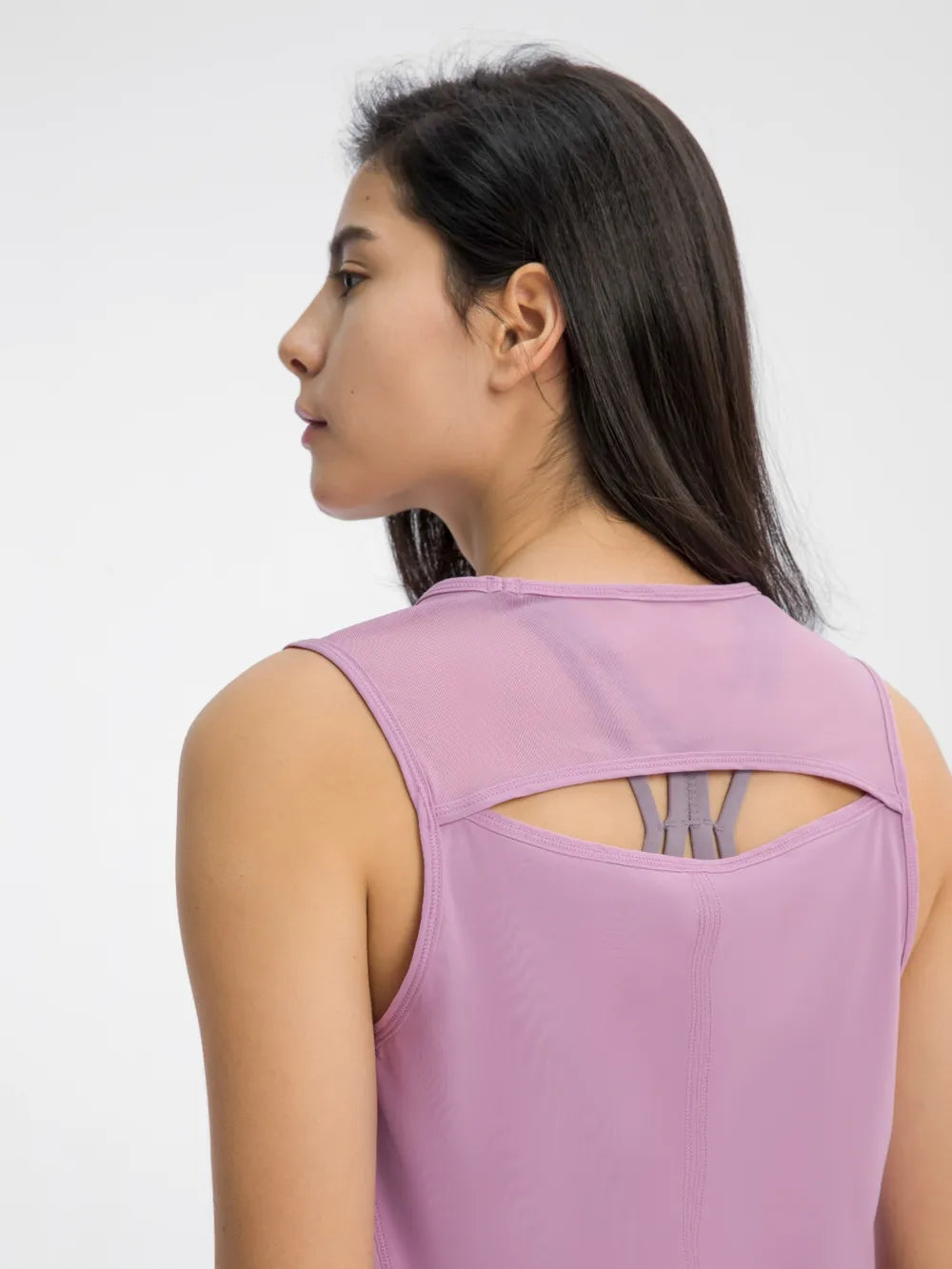 Active tank top with round neck and back cutout, dusty purple