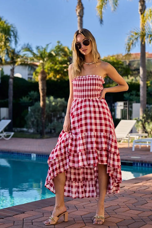 Red and white gingham off-shoulder smocked dress with tiered ruffle midi skirt