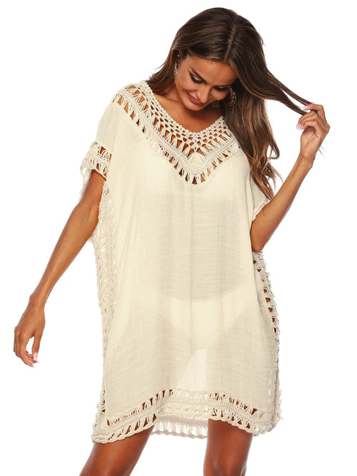Bohemian crochet trim beach cover-up dress, white, loose shift silhouette with crochet trim hem
