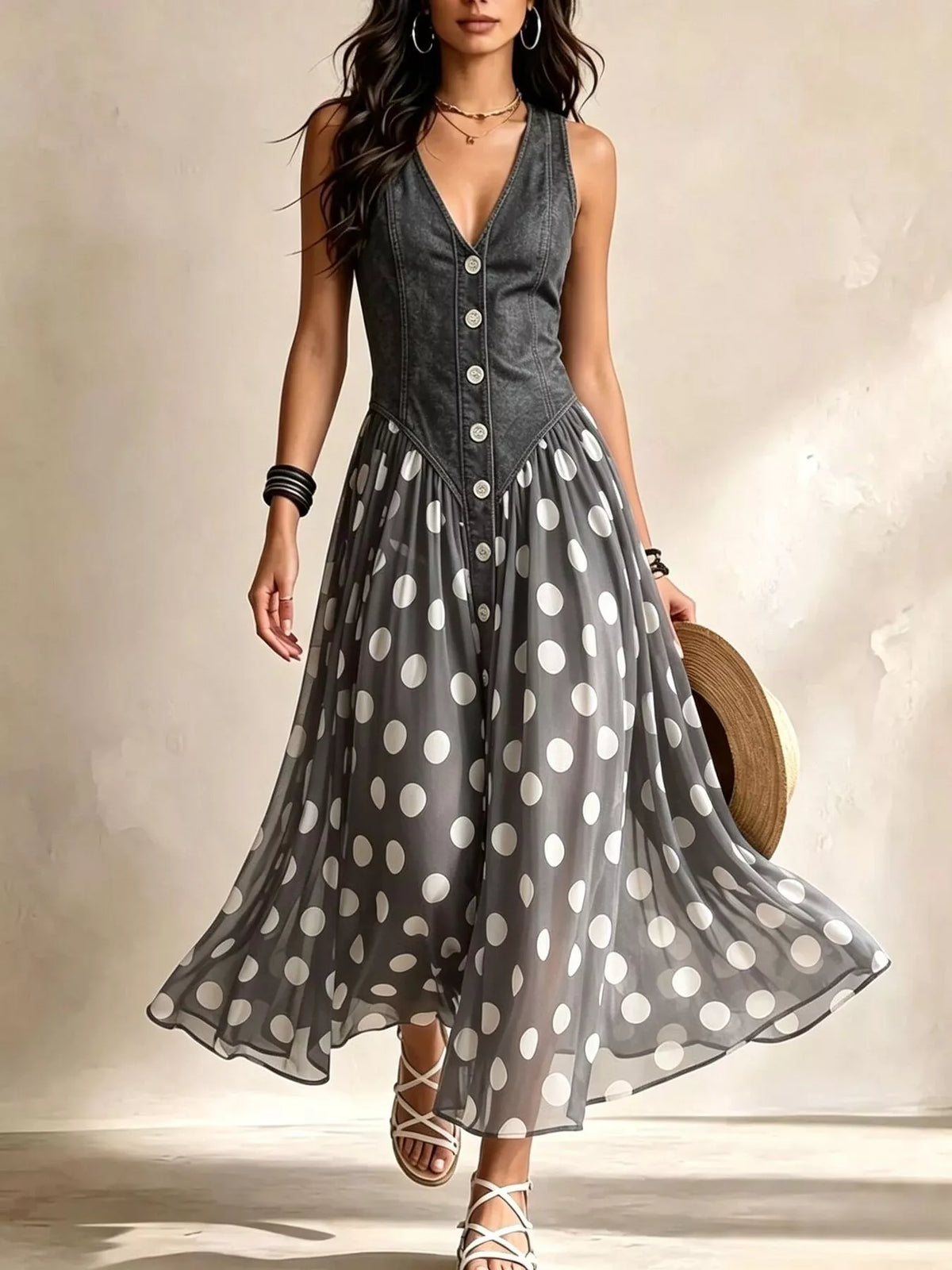 Gray polka dot sleeveless V-neck maxi dress with button front and flared skirt