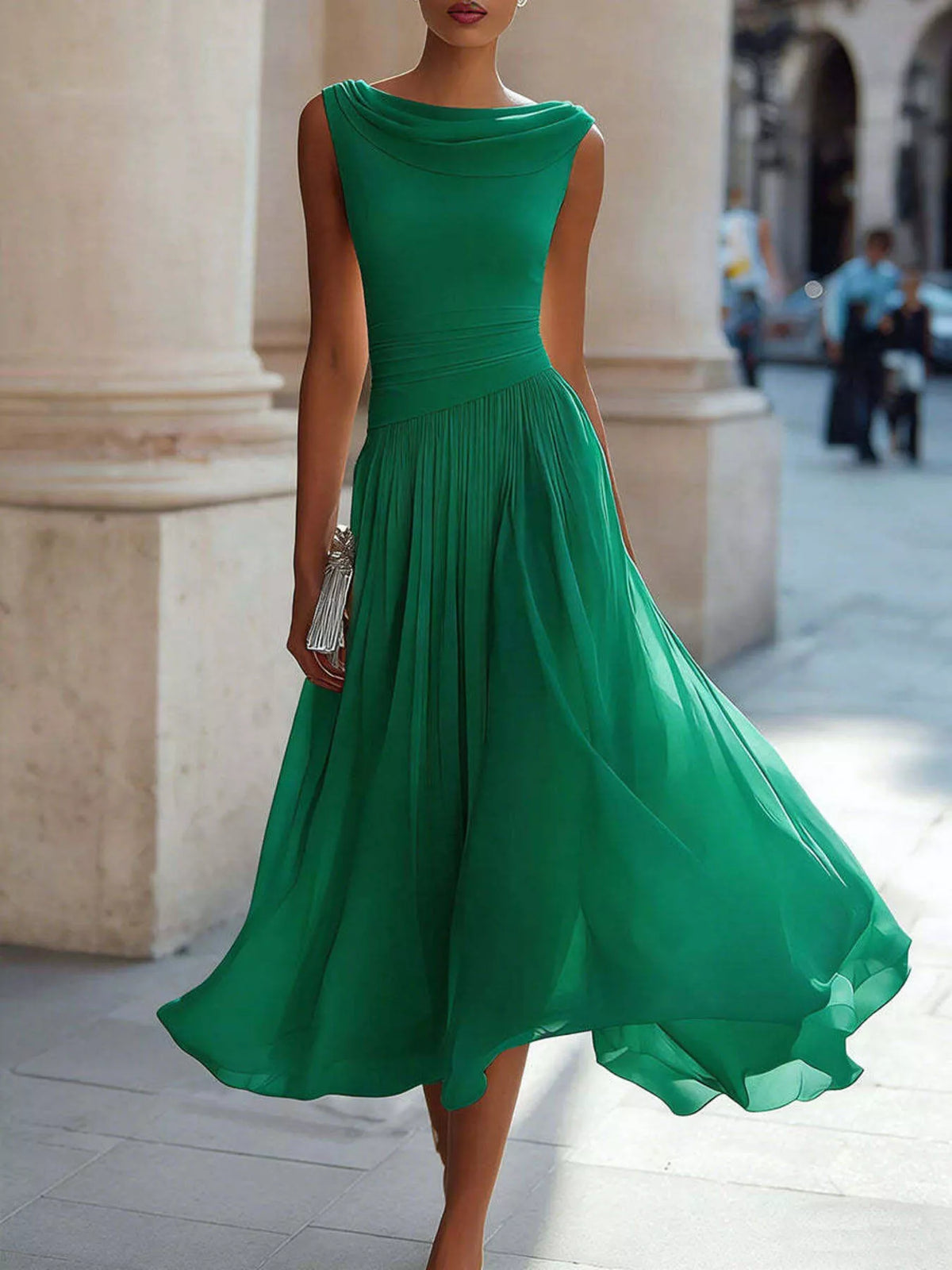 Green sleeveless cowl neck midi dress with gathered waist and tiered flared skirt