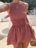 Gingham smocked mini dress, red and white check, sleeveless with ruffle hem by Trendsi