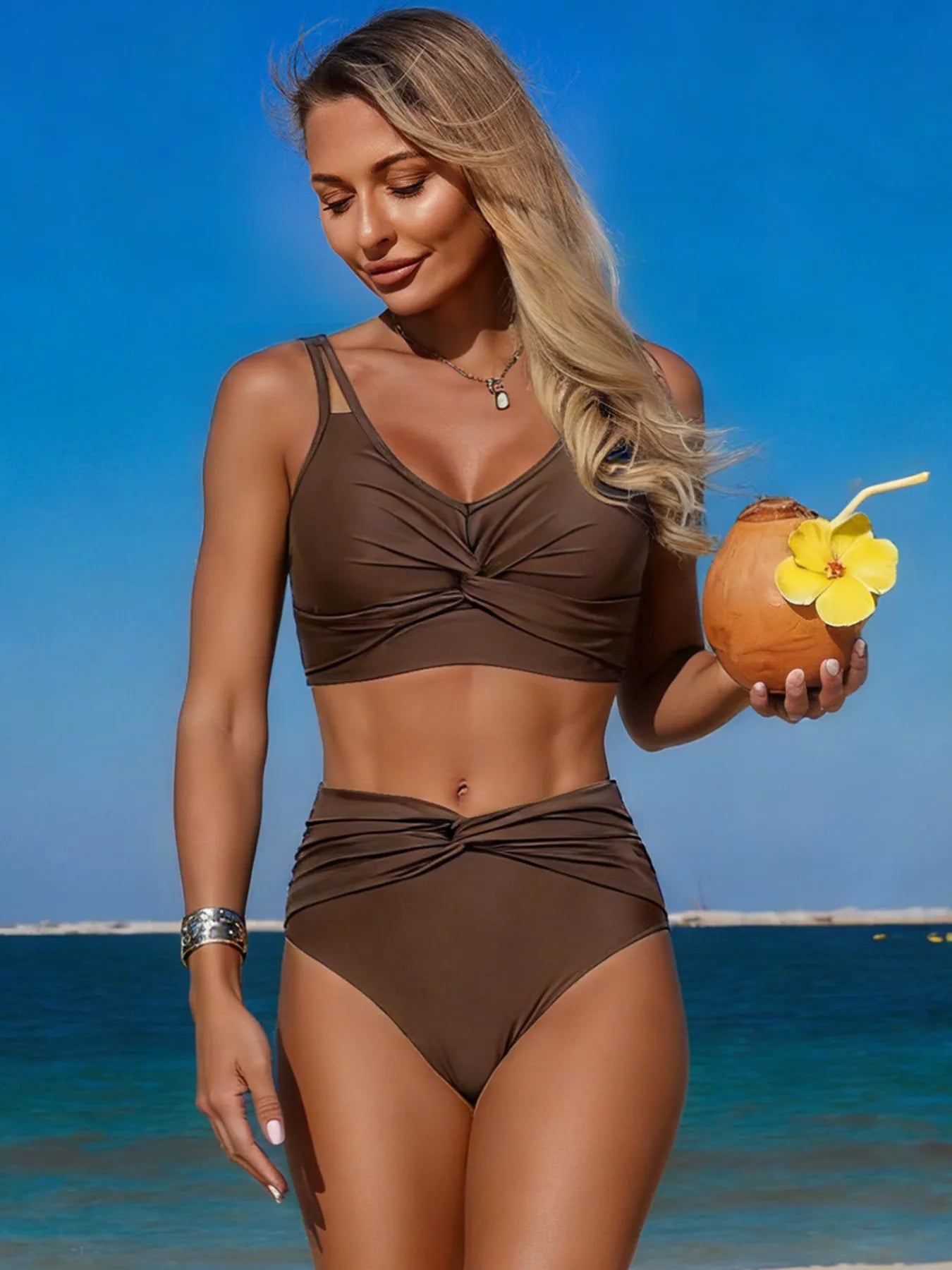 Twist Front High Waisted Swim Set in mocha brown with ruched center top, beach-ready bikini.