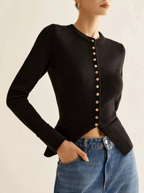 Black button-down slim fit cardigan with long sleeves and front button placket