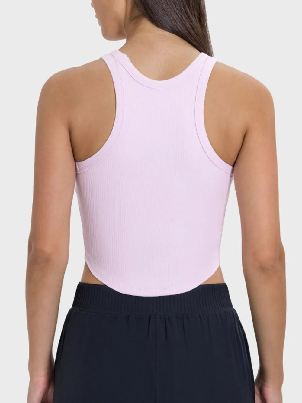Blush pink ribbed active tank with racerback straps and round neckline, back view
