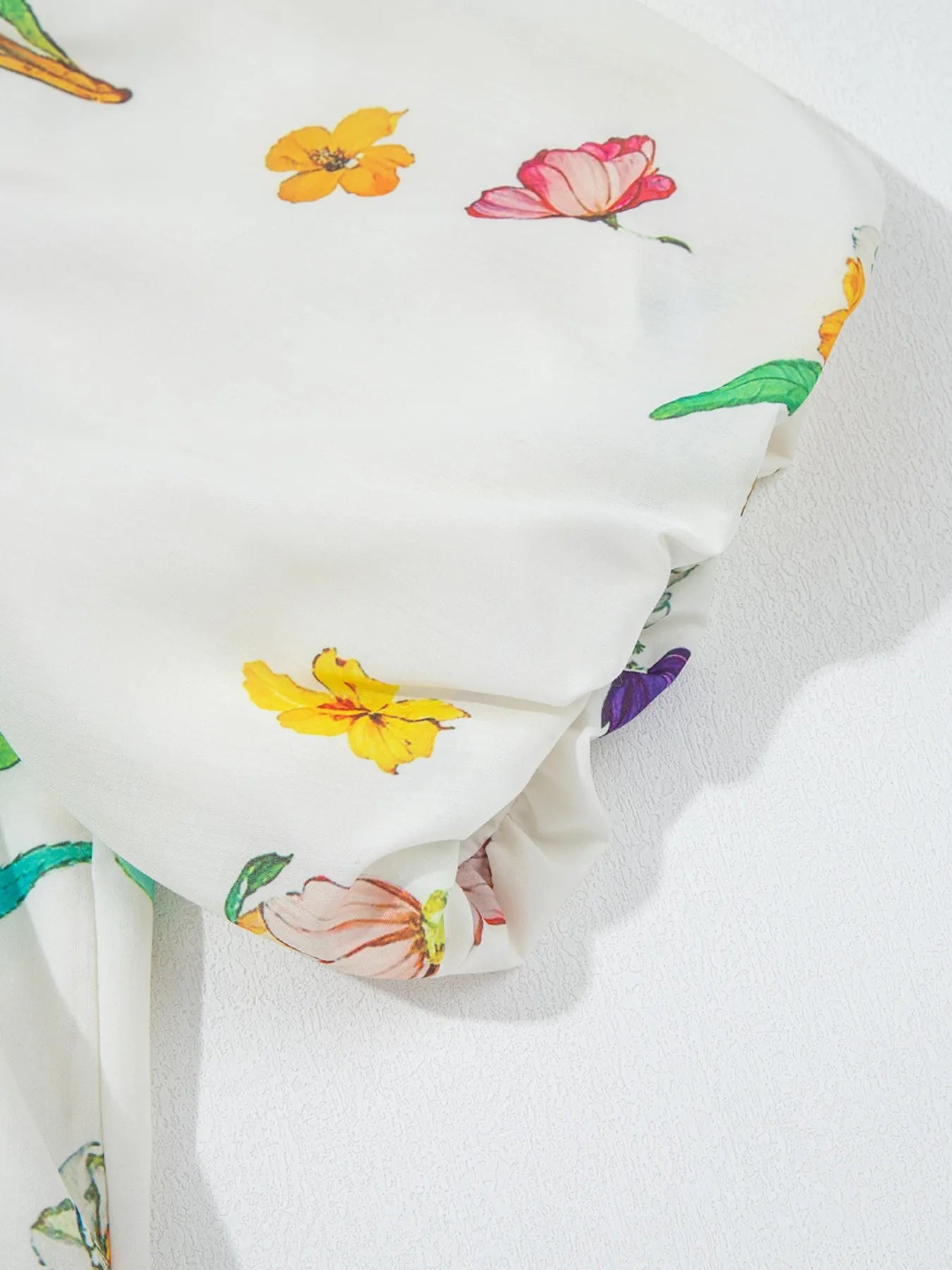 Floral Print Notched Short Sleeve Dress on white fabric with colorful flowers