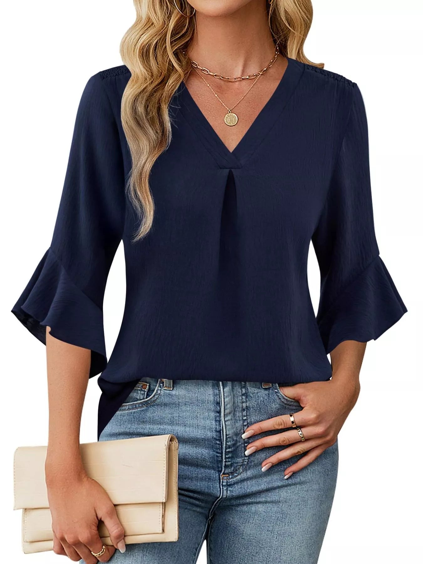 V-Neck Ruffle Sleeve Blouse in navy with bell sleeves