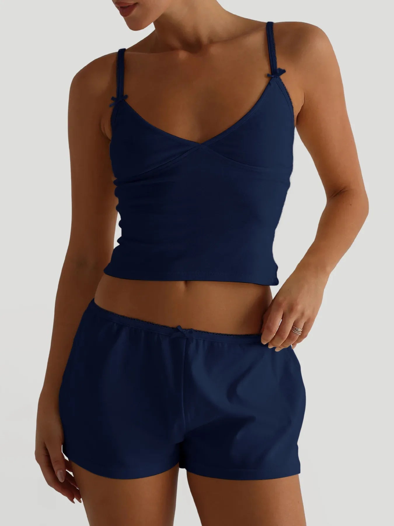 Navy V-neck cami and drawstring shorts set with spaghetti straps
