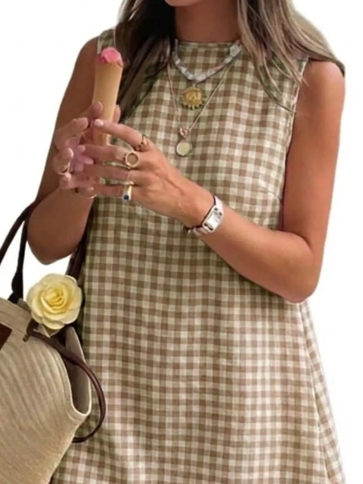Gingham sleeveless A-line mini dress, beige check pattern with rounded collar