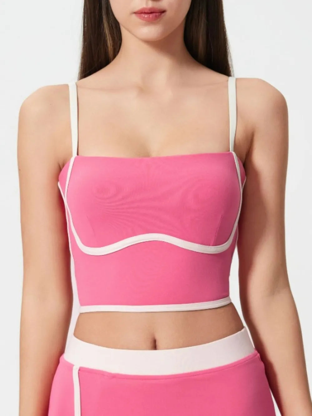 Fuchsia pink square-neck active cami with contrast white trim and removable chest pads