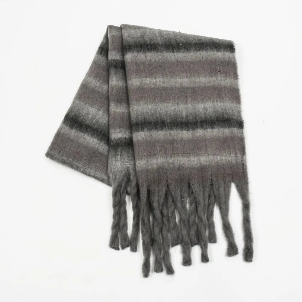 Fringe striped polyester scarf in dark gray, horizontal stripes, long tassels.