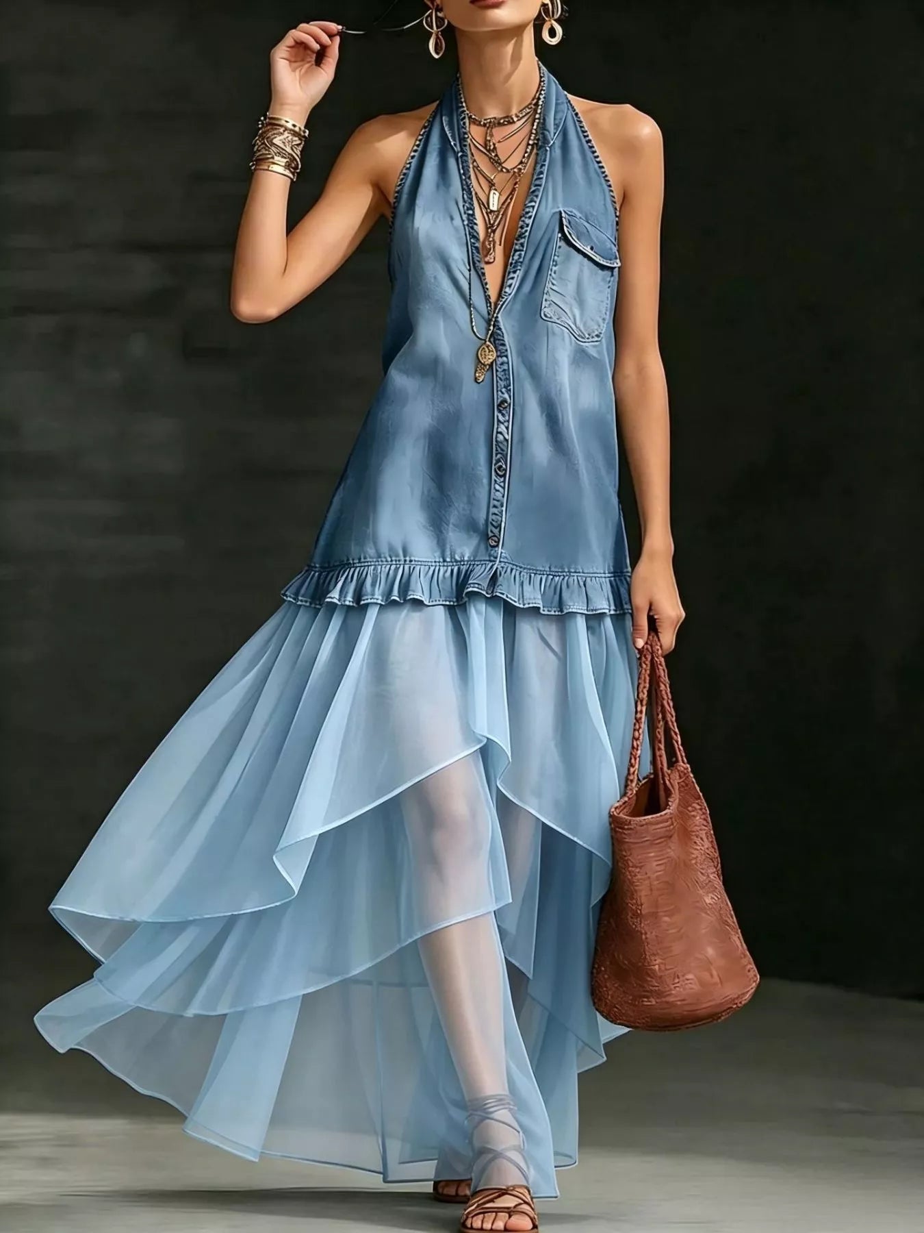Light blue halter neck maxi dress with button-front vest and layered ruffle hem