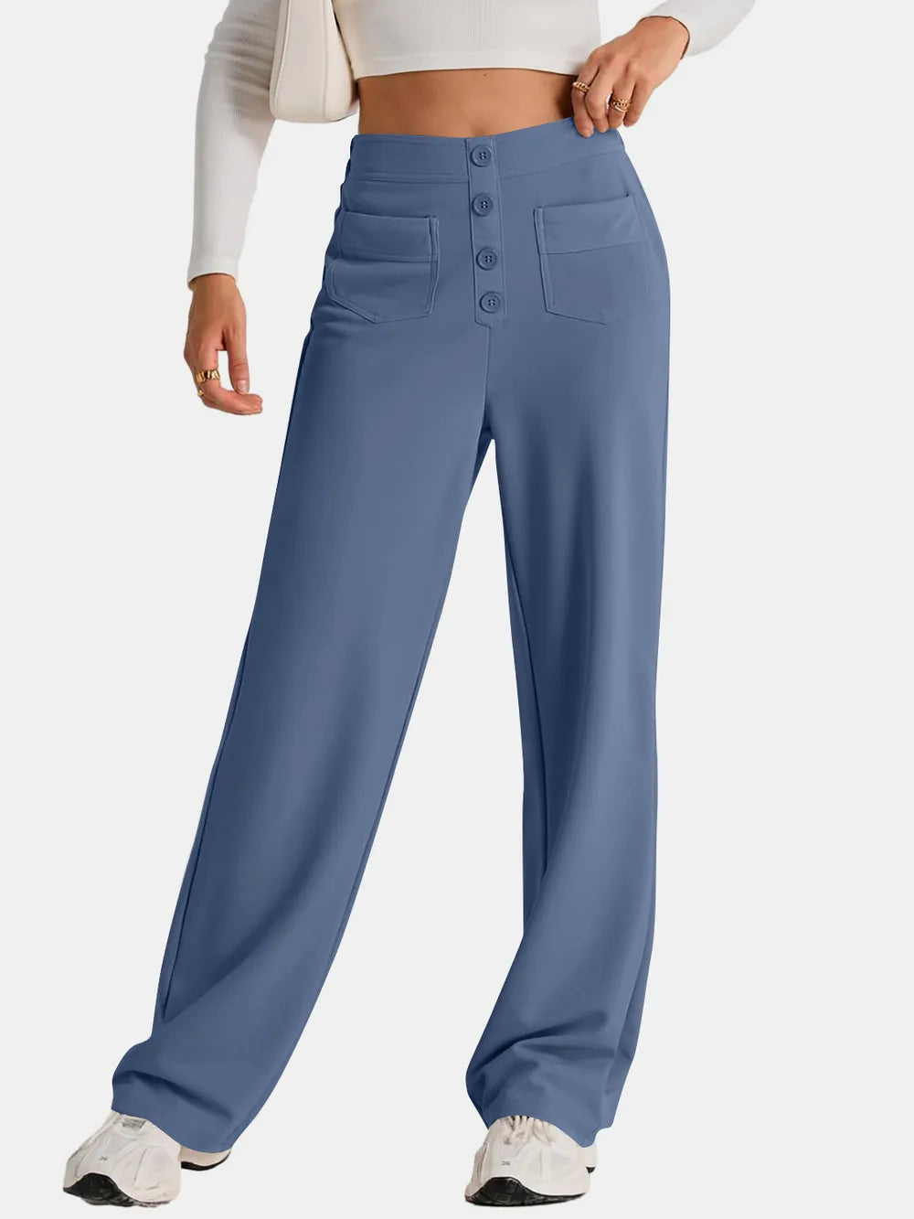 Dusty blue high-waist wide-leg pants with button-front placket and side pockets