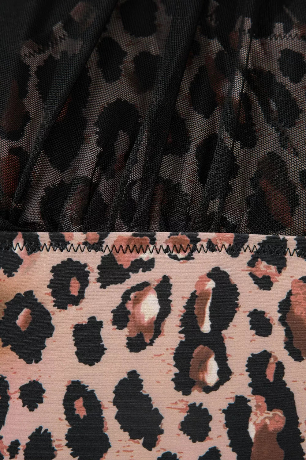 Leopard-print mesh swimsuit with black ruffle hem and scalloped trim