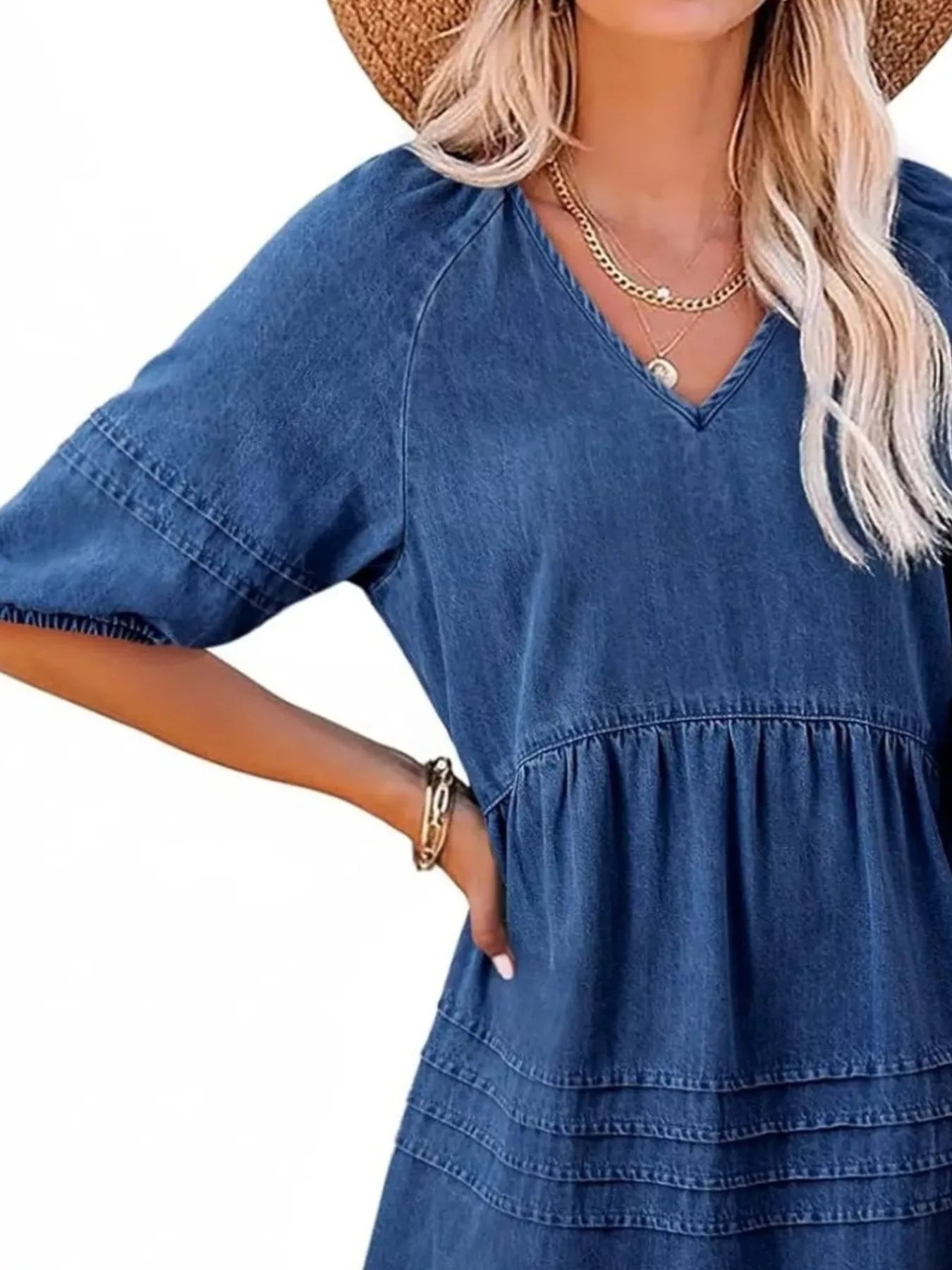Cedar & Moore Casual V-Neck Puff Sleeve Denim Mini Dress in blue denim by Trendsi