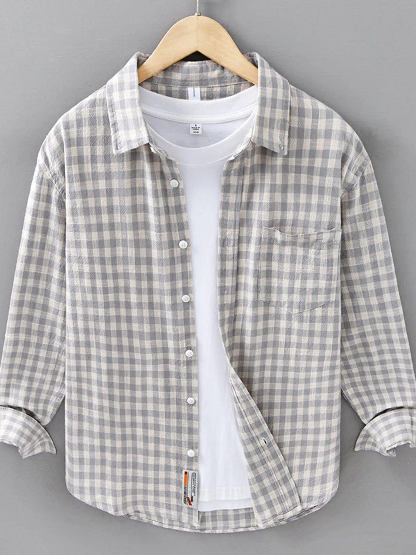 Men's plus size plaid button-up shirt with long sleeves, gray check pattern
