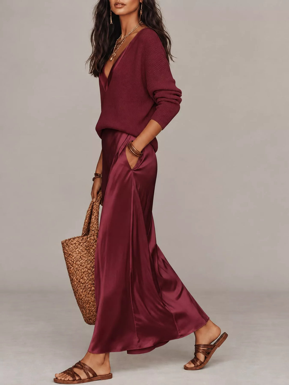 Burgundy ribbed V-neck top and satin midi skirt two-piece set, three-quarter sleeves