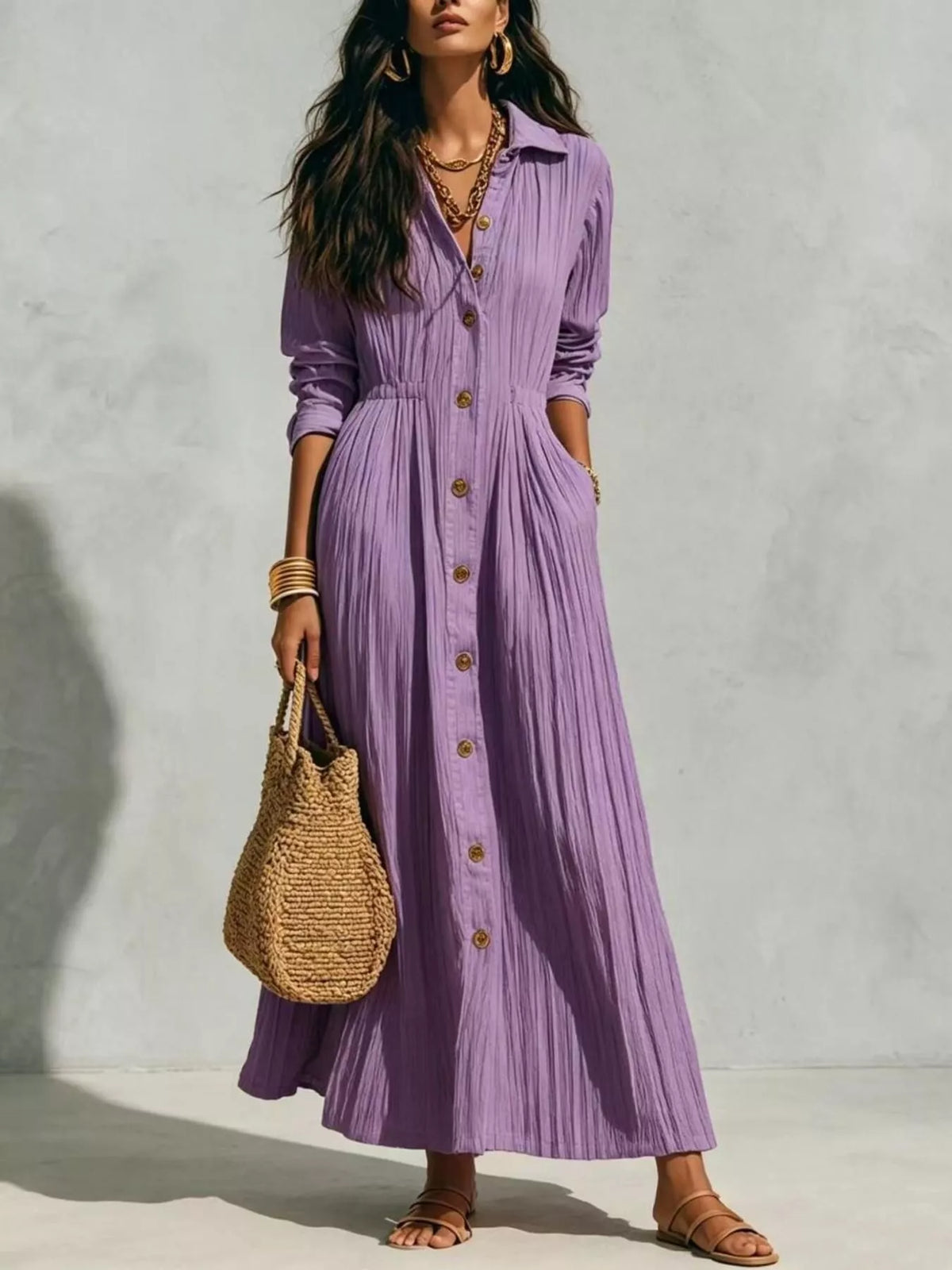 Lilac maxi button-front shirtdress with textured fabric, long sleeves, and gathered waist