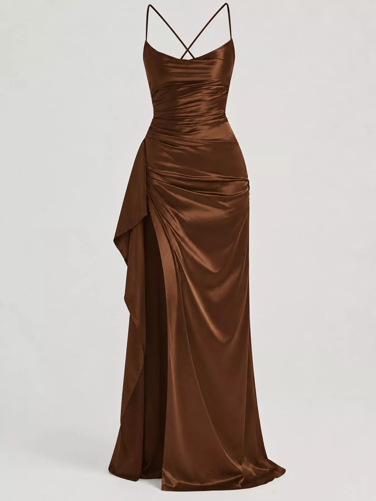 Dark brown satin ruched maxi dress with cowl skirt and high side slit