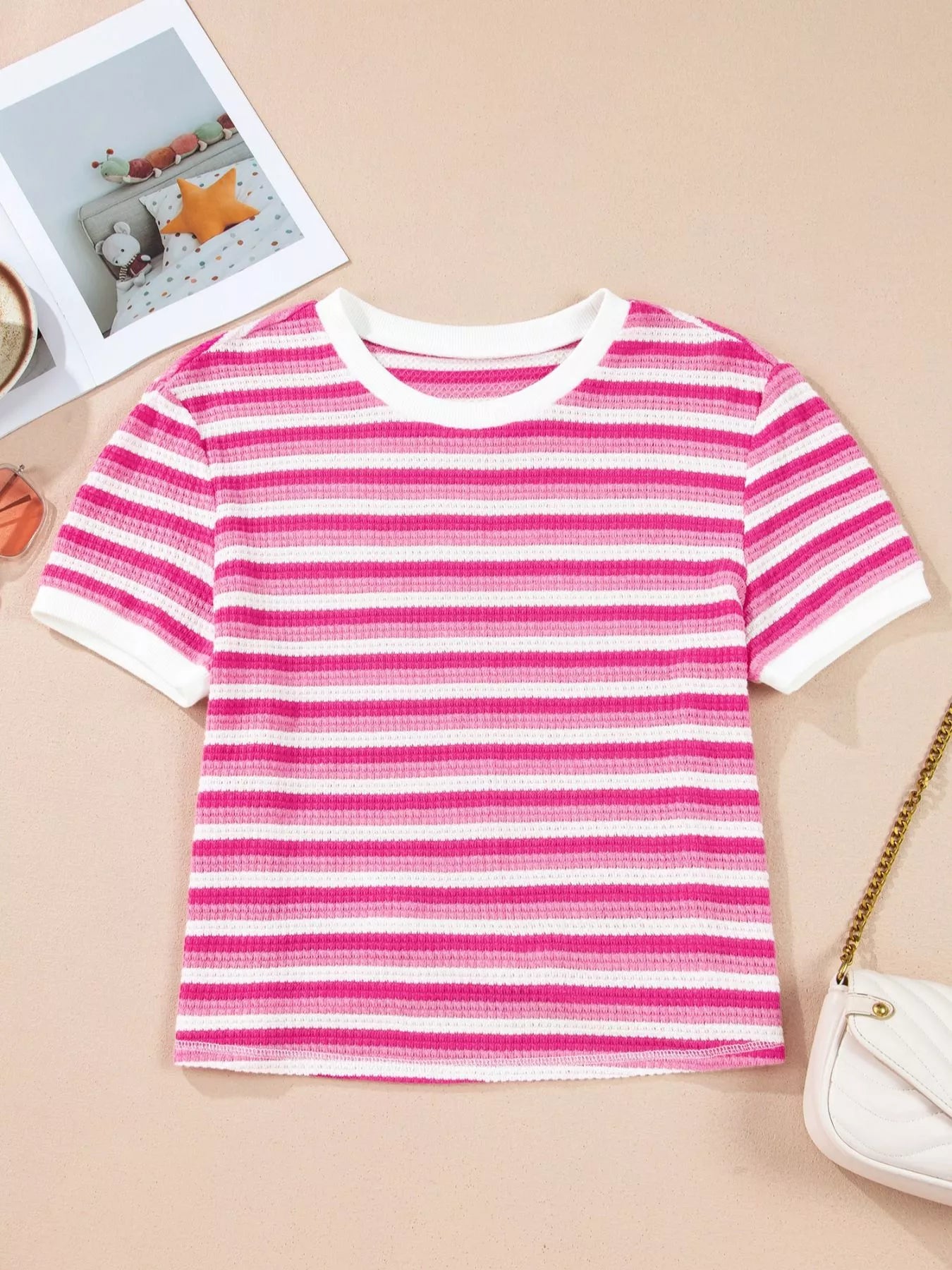 Cedar & Moore Textured Knit Short Sleeve Striped Tee in pink and white knit fabric, Trendsi