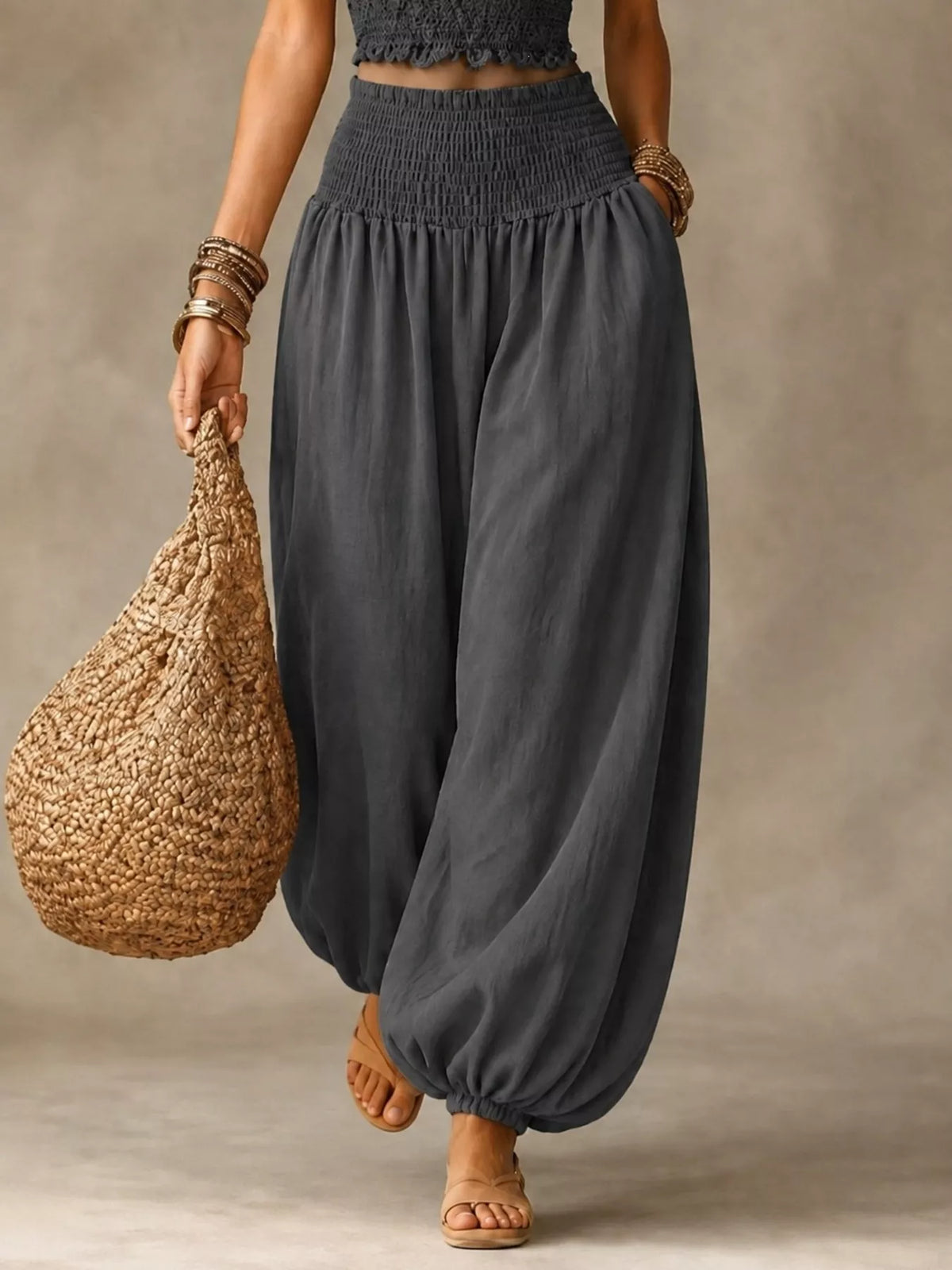 Elastic waist smocked harem pants, gray, loose fit with elastic cuffs