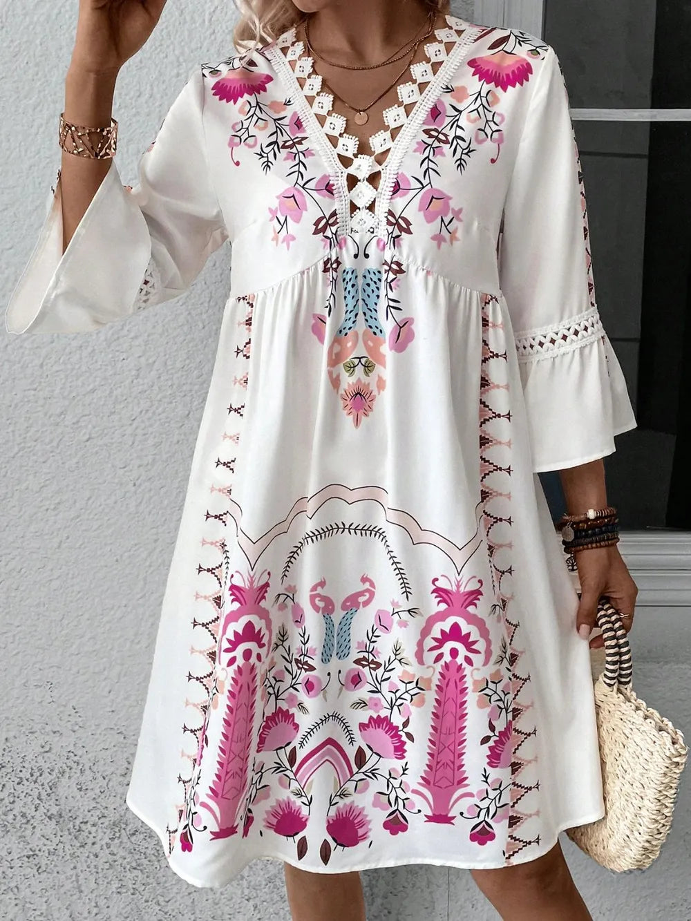 White lace-trim three-quarter sleeve dress with pink floral and animal print