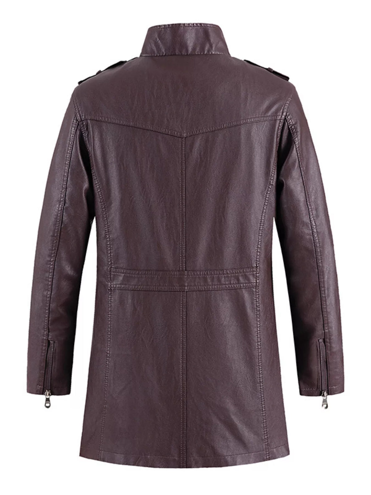 Plum purple vegan leather zip-up jacket, back view with yoke seam and side zips