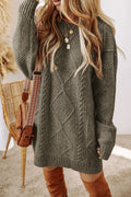 Sage green cable-knit round-neck sweater dress with long sleeves and fitted hem
