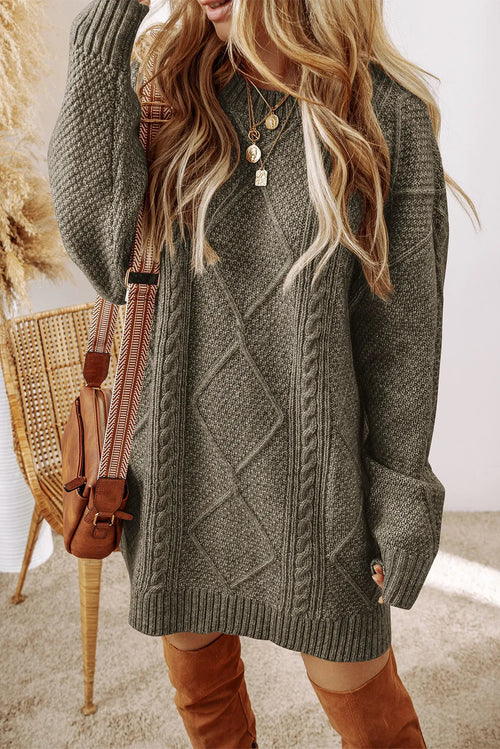 Sage green cable-knit round-neck sweater dress with long sleeves and fitted hem