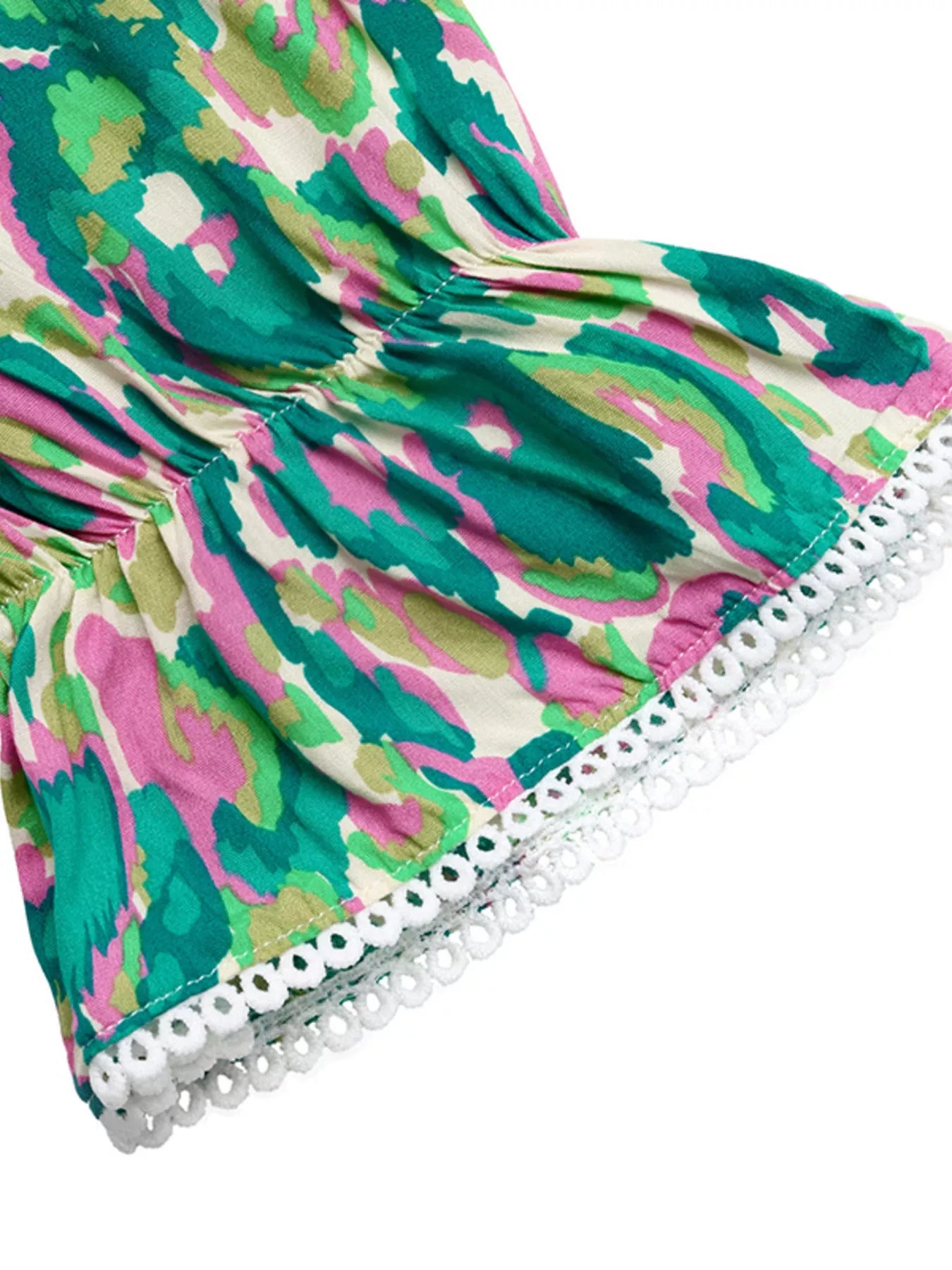 Cedar & Moore Printed V-Neck Flounce Sleeve Dress with colorful abstract print and crochet hem