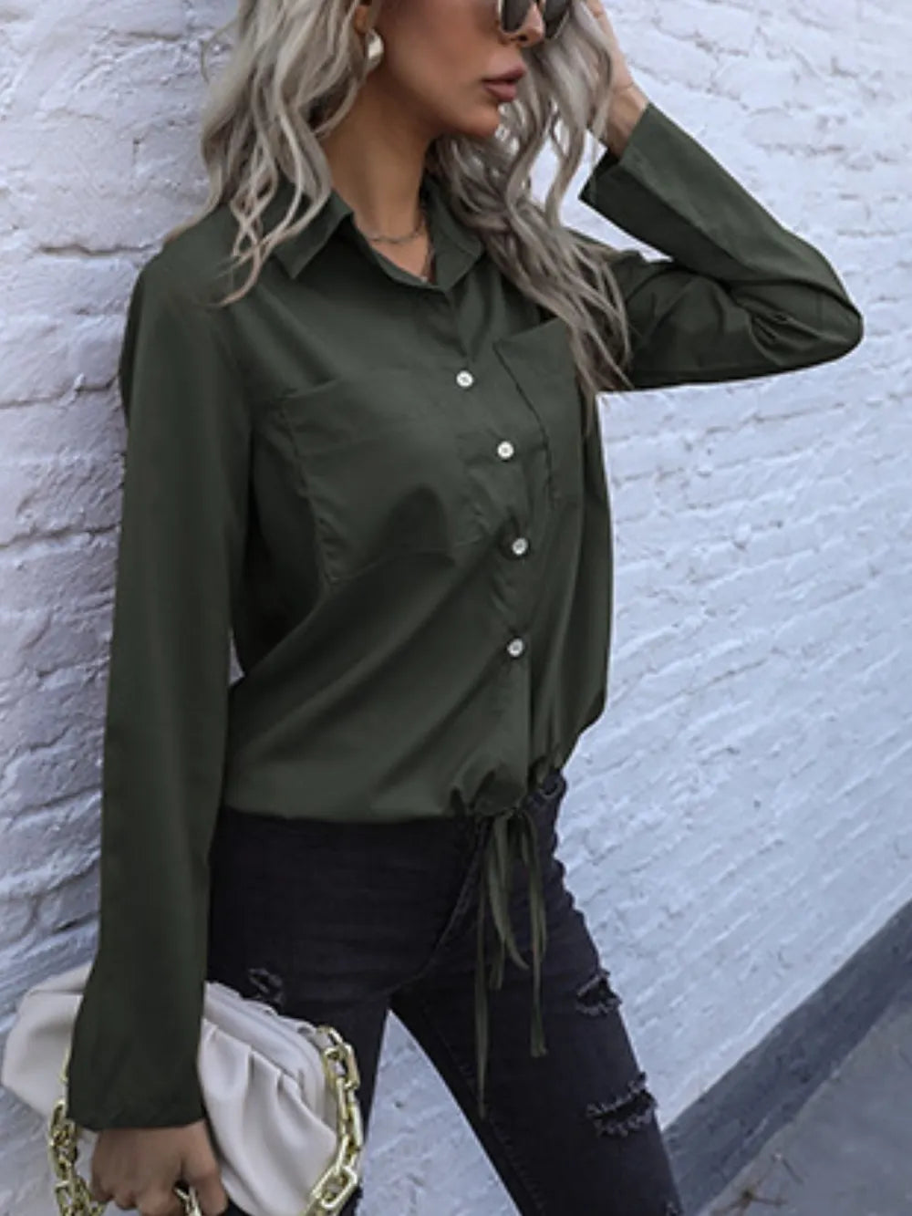 Olive long-sleeve button down shirt with tied hem and chest pocket, full front view