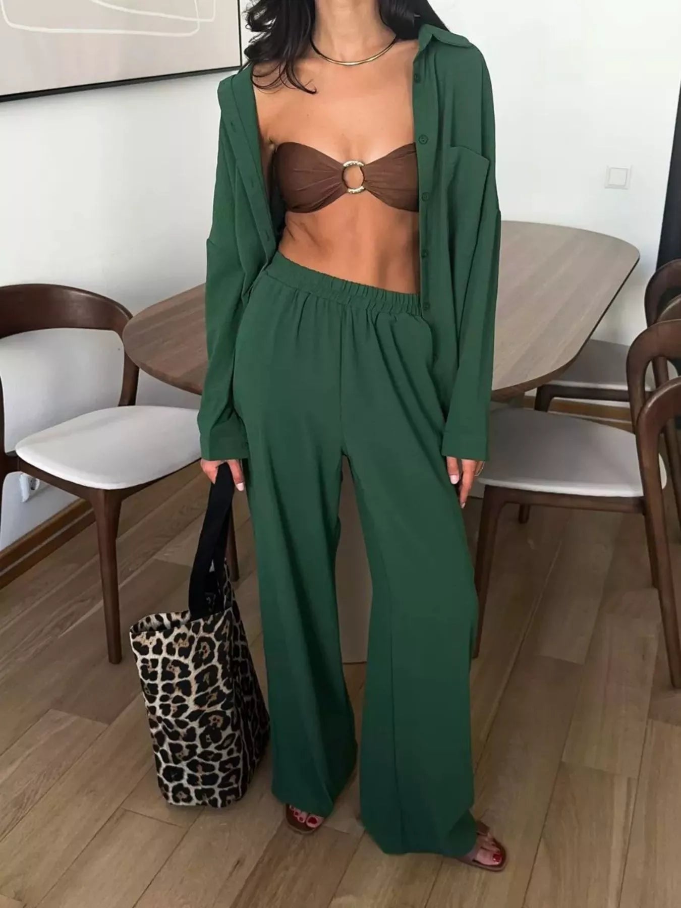 Green relaxed-fit shirt and wide-leg pants set, button-front shirt over gathered pants
