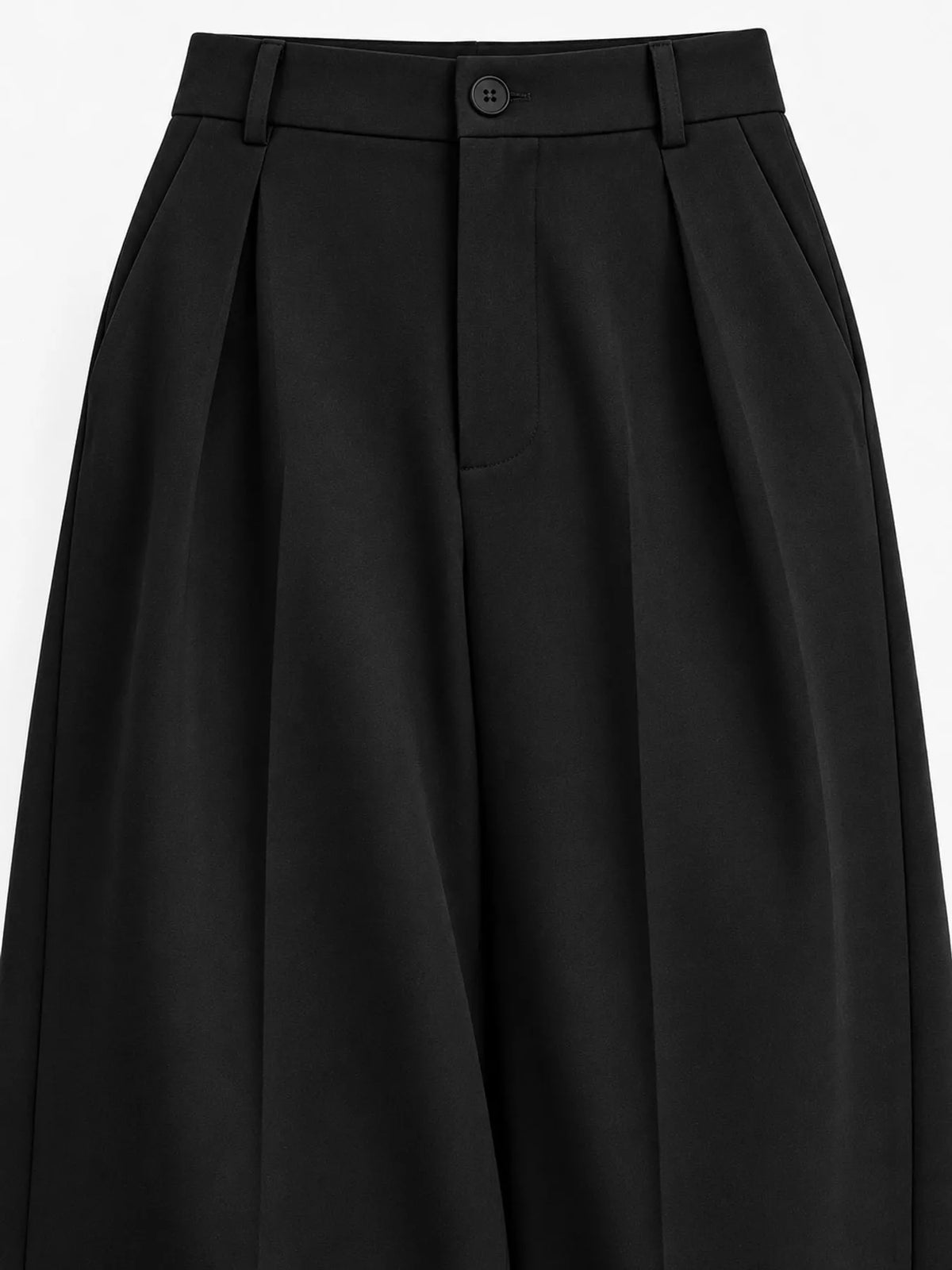 Black high-waisted pleated wide-leg pants, close-up of waistband and button