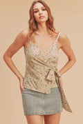 Ditsy floral surplice cami with adjustable straps, front tie knot, natural base