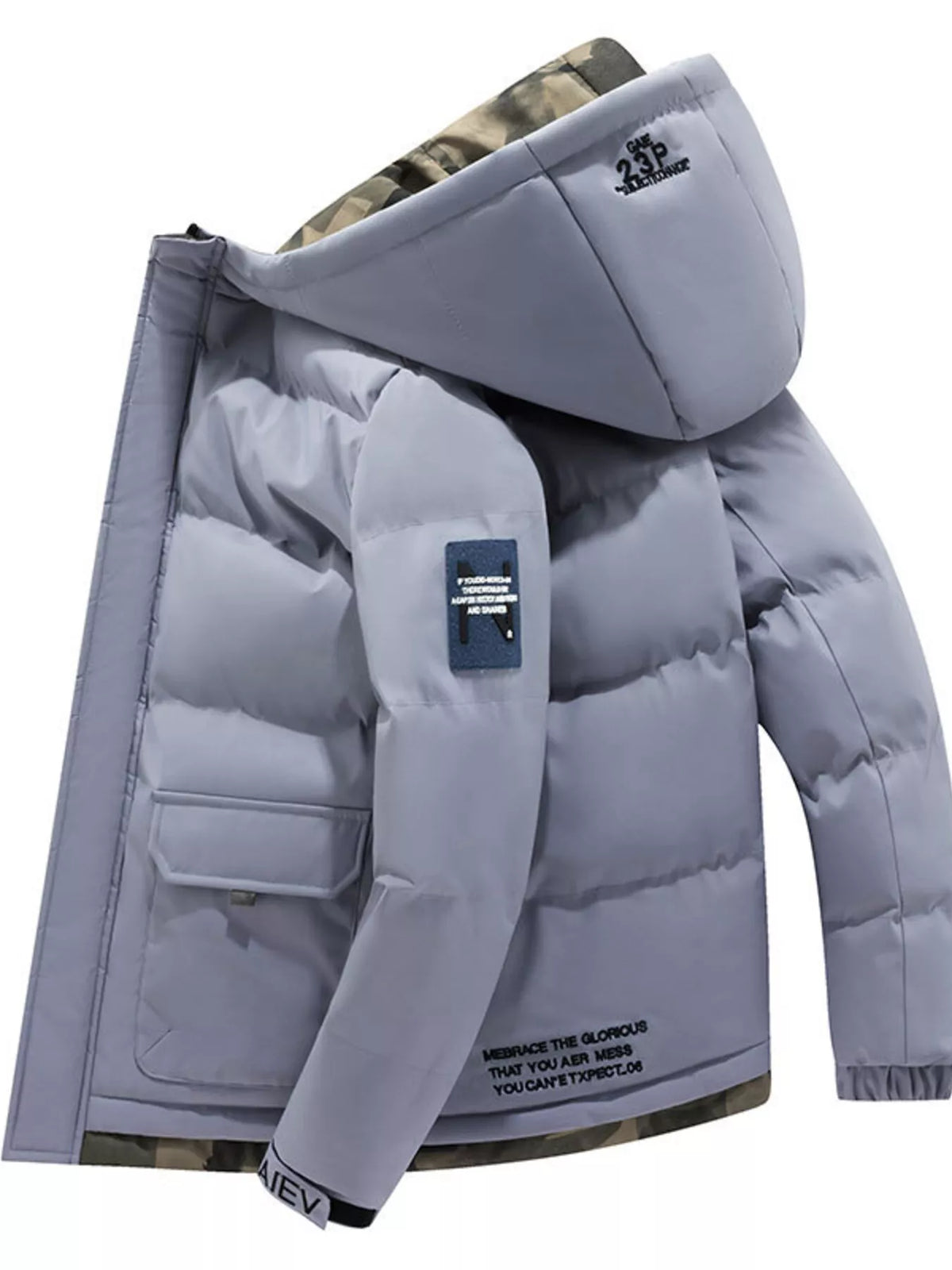 Light gray padded hooded zip-up winter coat with front pockets
