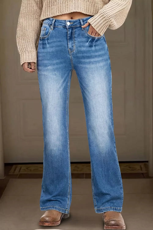 Dusty blue acid-wash straight-leg jeans, full length, button-zip front, belt loops