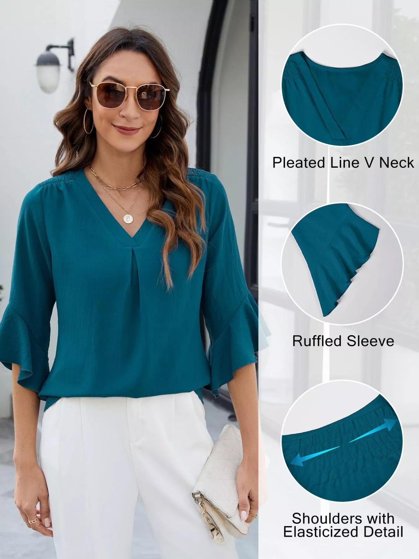 V-Neck Ruffle Sleeve Blouse in teal by Trendsi with elasticized shoulder detail.