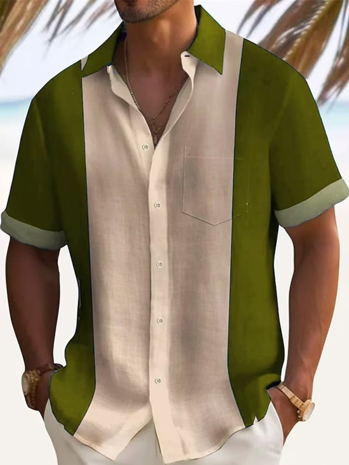 Men's green color block short-sleeve cotton shirt with button front, collar, chest pocket